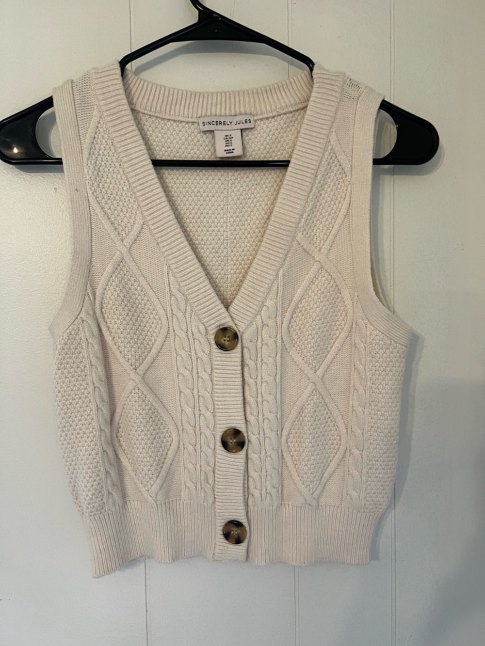 Sincerly Jules Cream Cable Knit Button-Front Sweater Vest